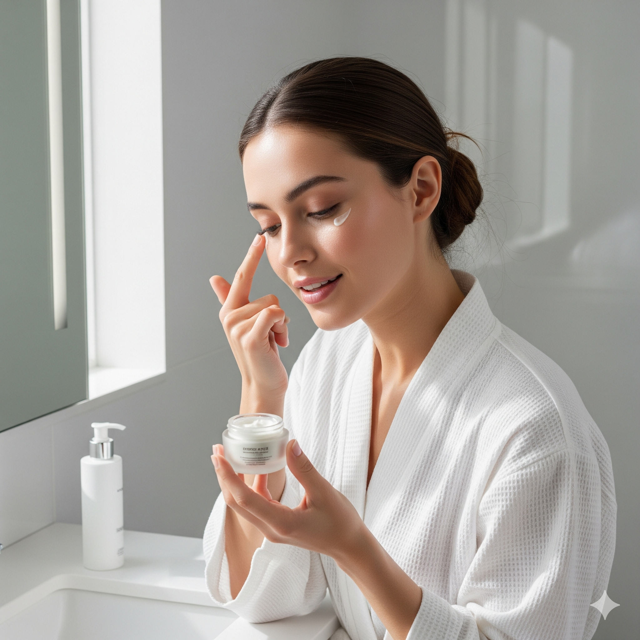 Application de crème contour des yeux au collagène pour un regard frais et lumineux.