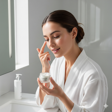 Application de crème contour des yeux au collagène pour un regard frais et lumineux.