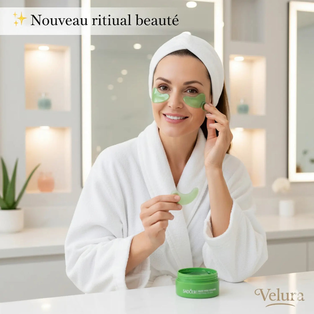 Femme souriante appliquant des patchs yeux à l’aloe vera et collagène Velura, soin hydratant et éclat du regard.