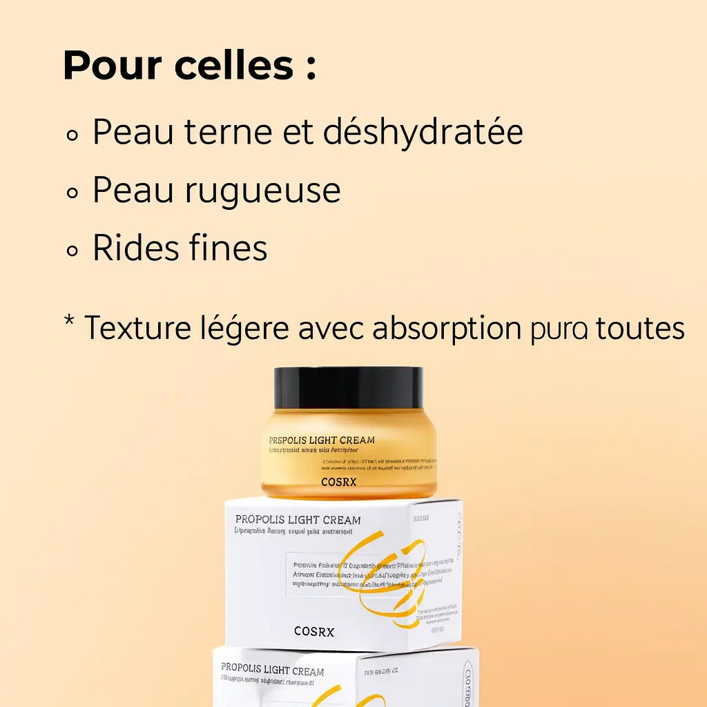 Crème visage à la propolis 64 % avec texture légère et taux de satisfaction 95–98 %.