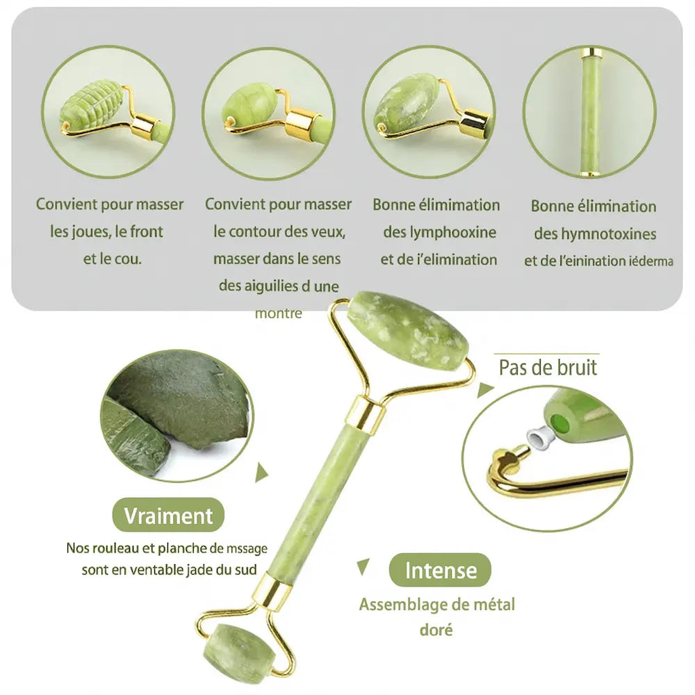 Pierre Gua Sha Éclat Velura™ en jade naturel – Roller visage raffermissant, stimulant la circulation et réduisant poches et ridules
