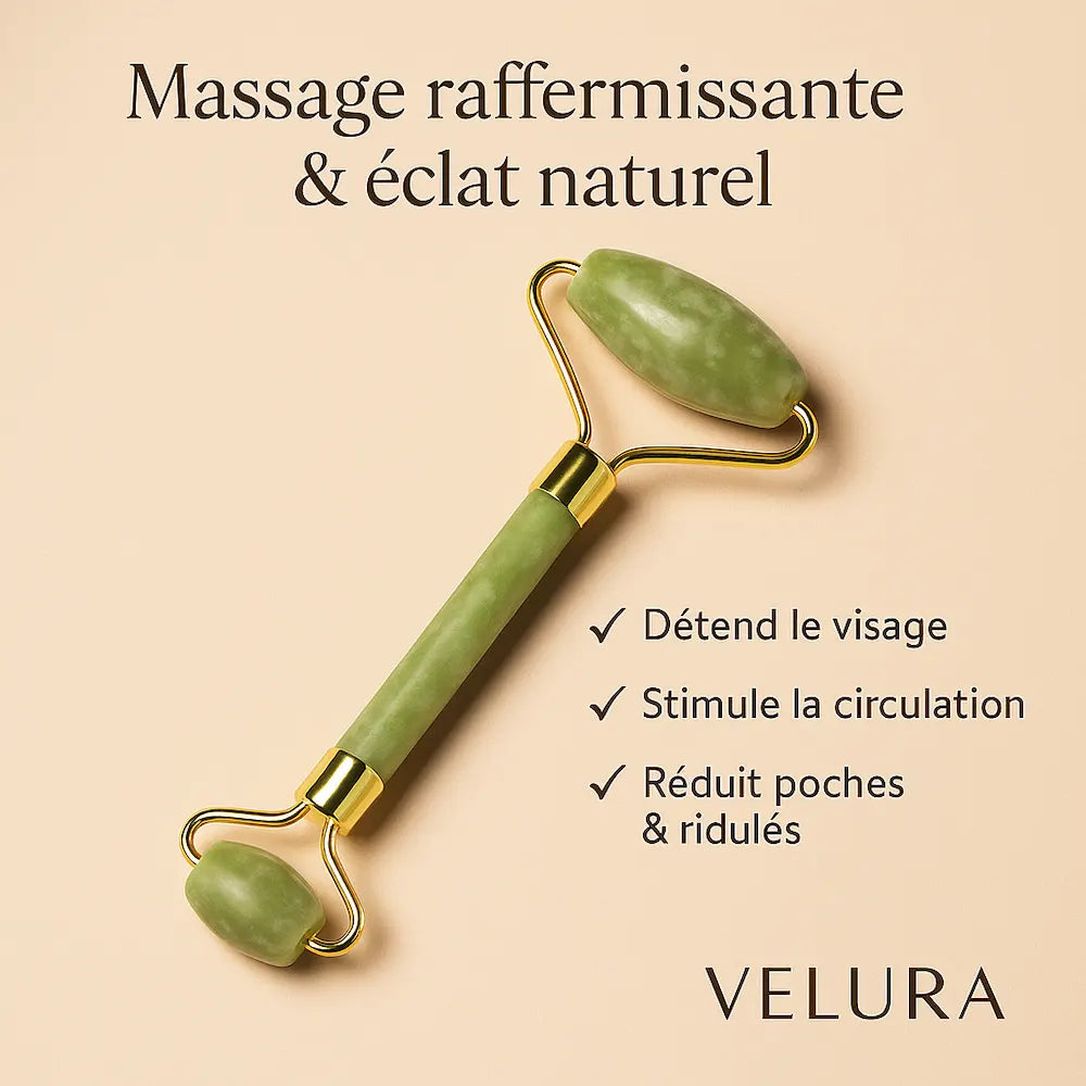 Pierre Gua Sha Éclat Velura™ en jade naturel – Roller visage raffermissant, stimulant la circulation et réduisant poches et ridules