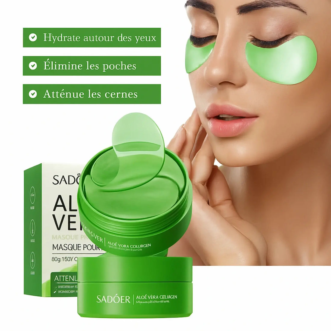 Femme souriante appliquant des patchs yeux à l’aloe vera et collagène Velura, soin hydratant et éclat du regard.