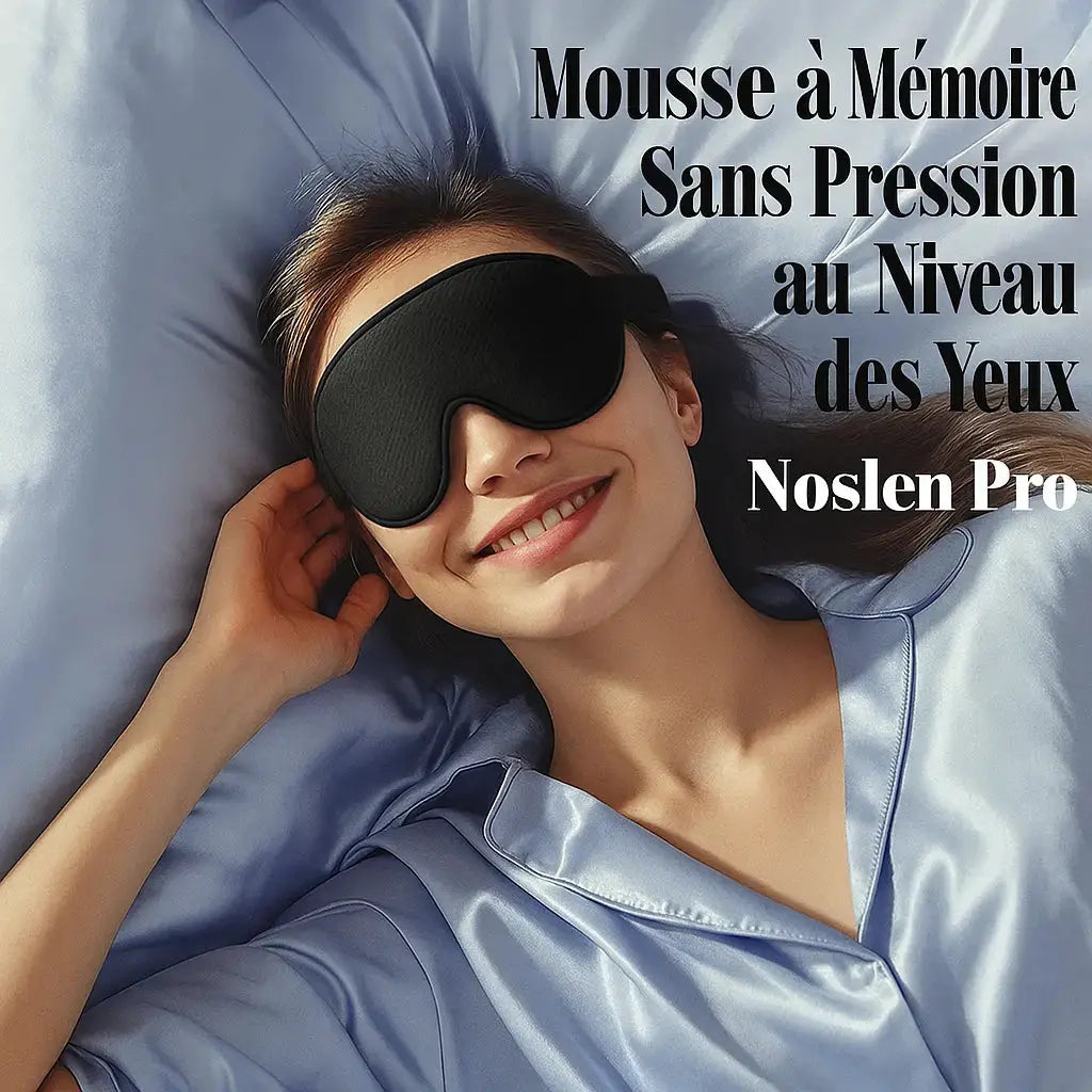 Une main ajuste la sangle réglable du Masque de Sommeil Noslen Pro™, illustrant sa conception adaptable et confortable pour un sommeil profond et réparateur.