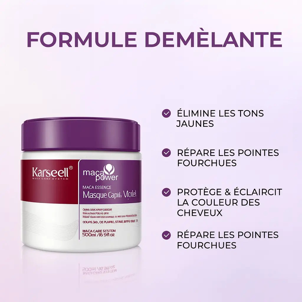 Masque Violet Professionnel Karseell™ – formule démêlante qui élimine les tons jaunes, répare les pointes fourchues et protège la couleur des cheveux blonds et gris.