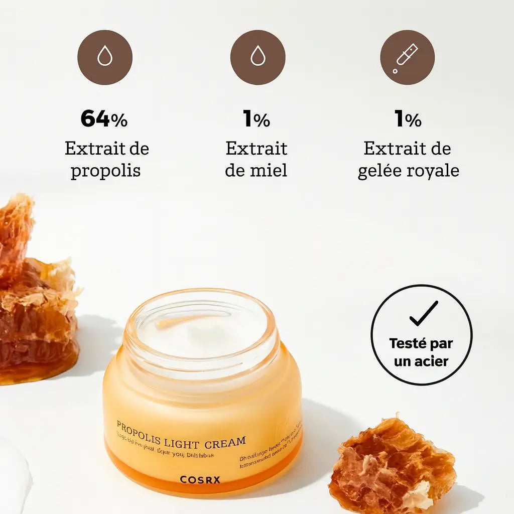 Crème visage à la propolis 64 % avec texture légère et taux de satisfaction 95–98 %.