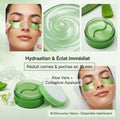 Femme souriante appliquant des patchs yeux à l’aloe vera et collagène Velura, soin hydratant et éclat du regard.